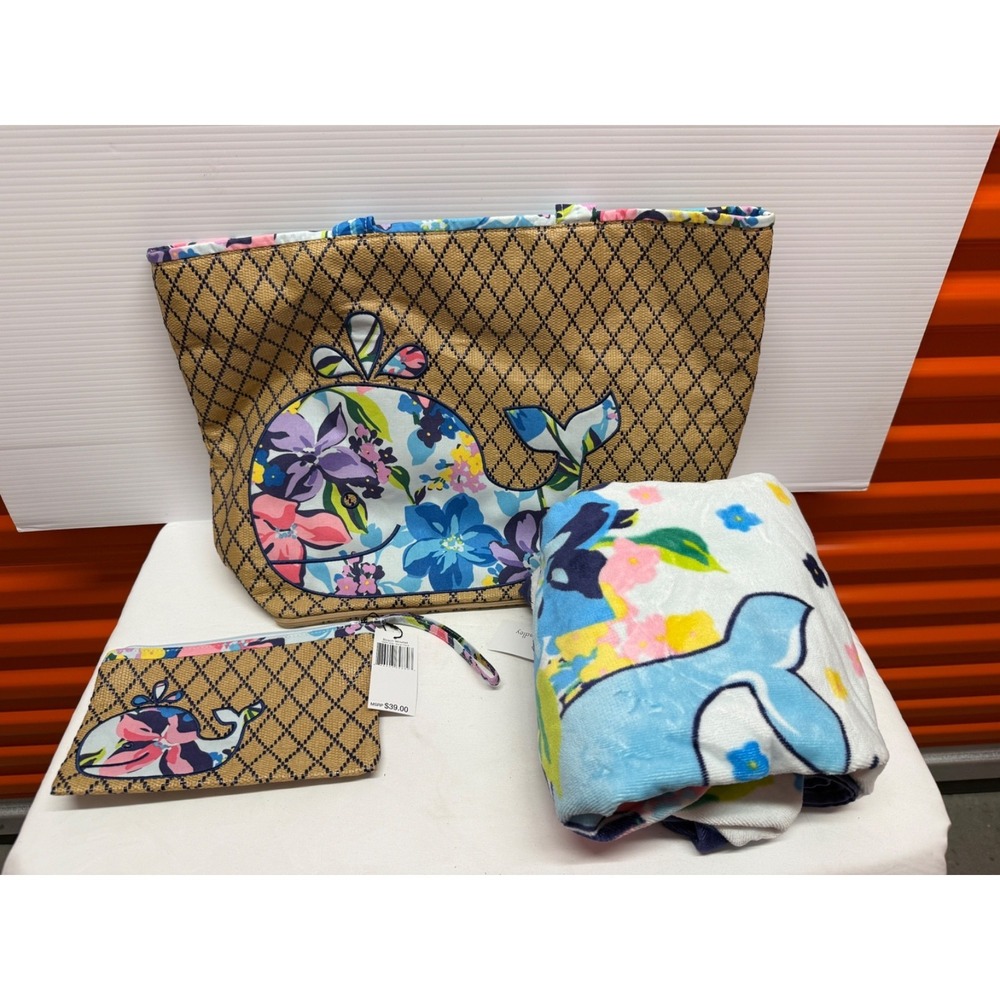 VERA BRADLEY‎ MARION WHALE TOTE, BEACH TOWEL & wristlet BEACH BAG SET NWTS!
